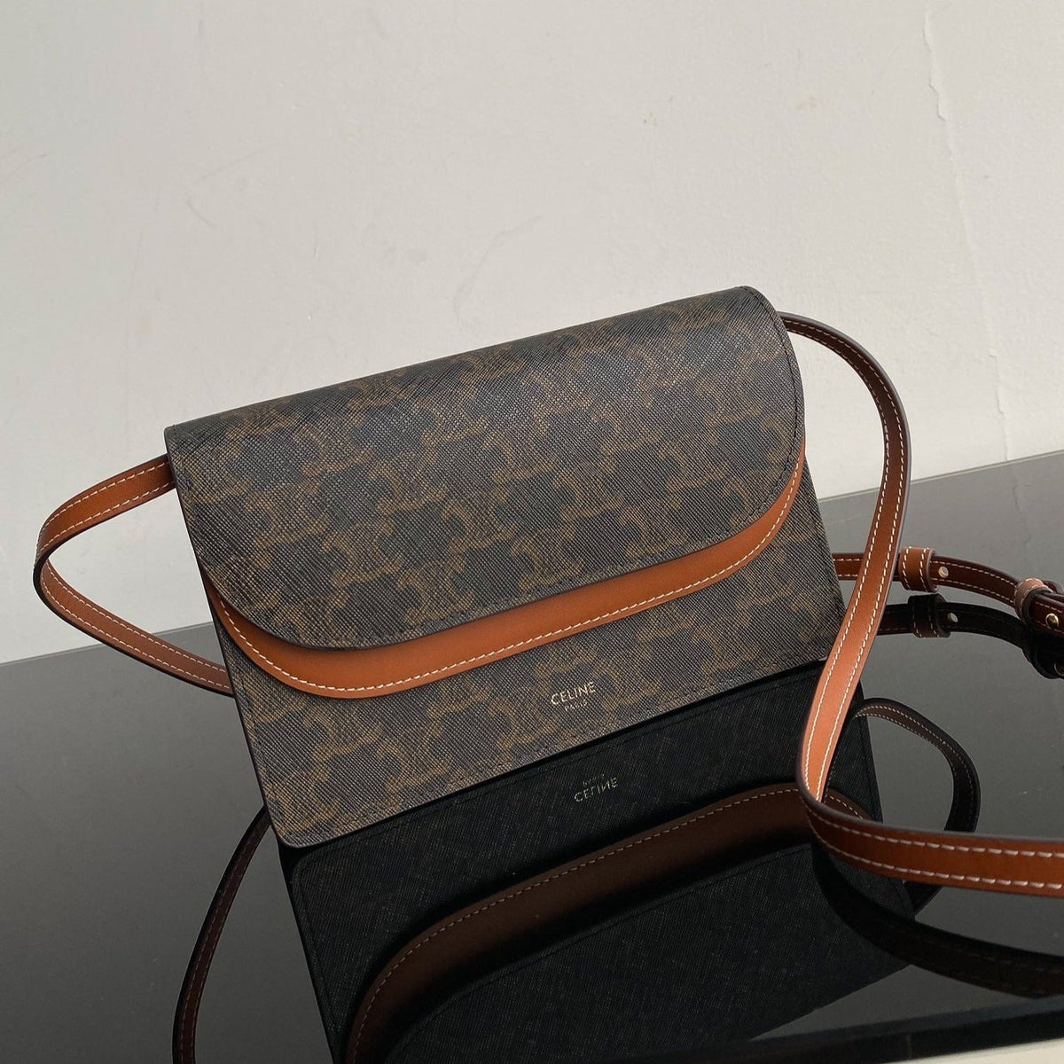 CELINE TRIPHOME 20 DOUBLE LAYER MONOGRAM BLACK PATTERN CALFSKIN BAG
