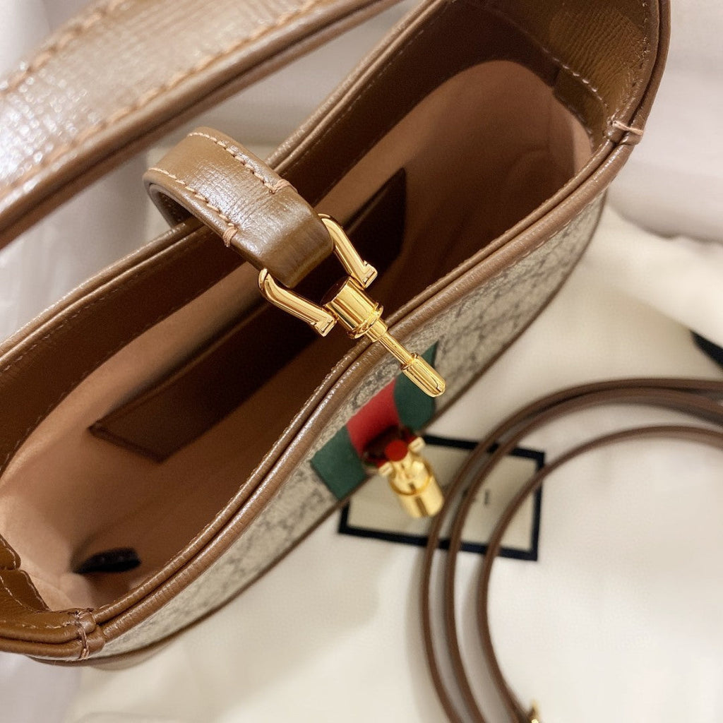 GUCCI JACKIE 1961 SMALL 28 SHOULDER BAG IN BEIGE CANVAS AND BROWN CALFSKIN