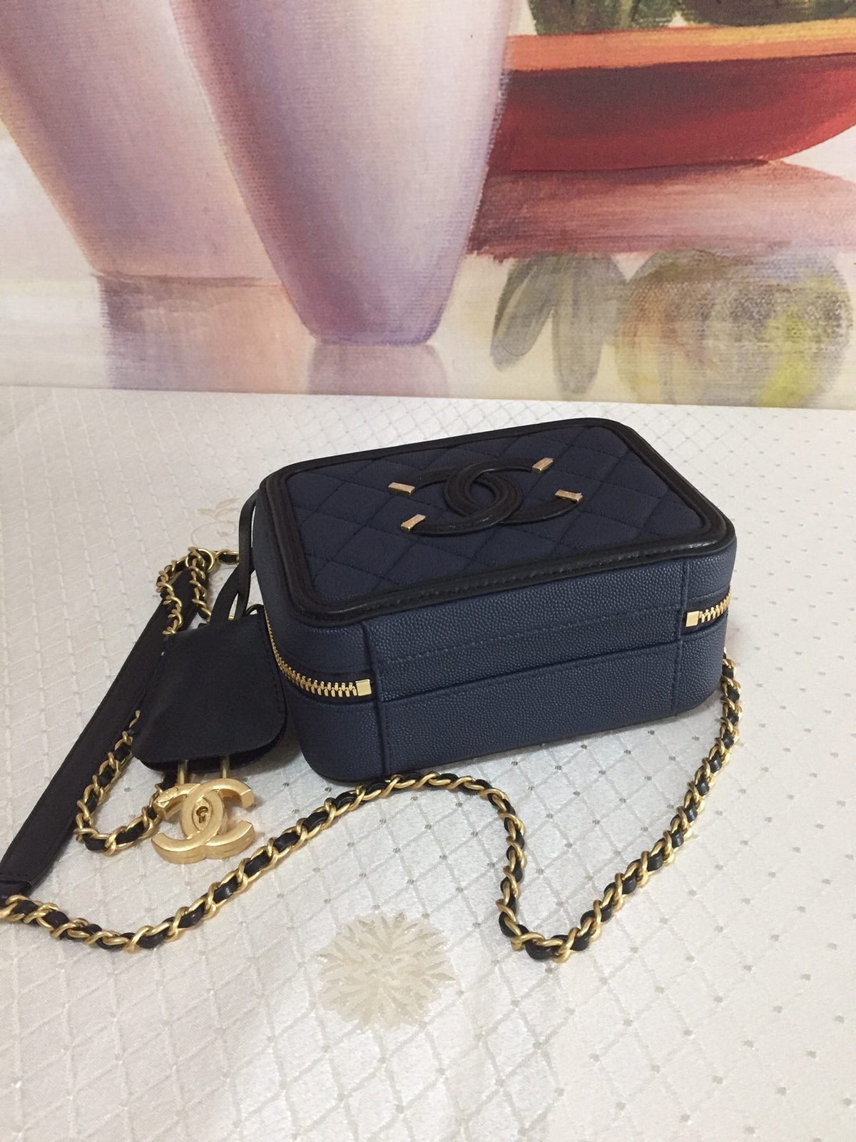 CHANEL MINI 17 VANITY CASE IN AEGEAN BLUE MIX BLACK CALFSKIN GOLD HARDWARE