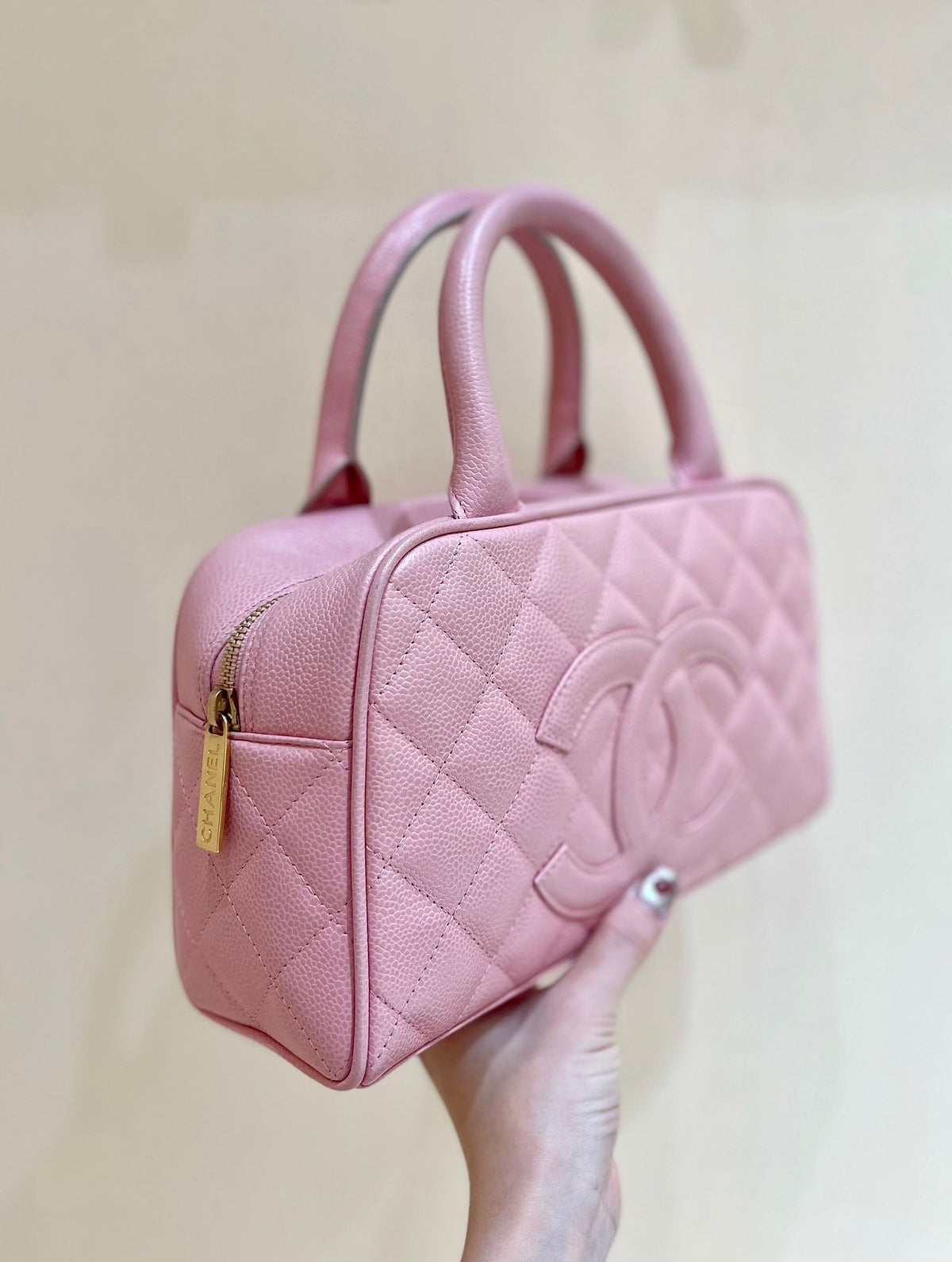 CHANEL 25S  QUILTED CAVIAR BOWLING BAG 27 IN PINK CALFSKIN