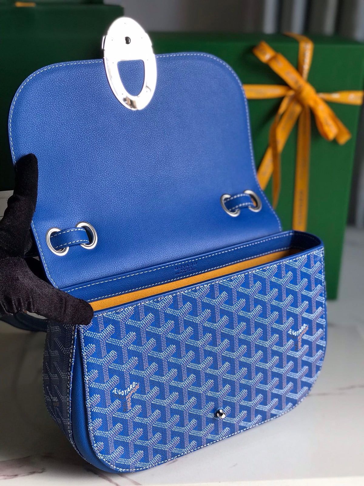 233 BAG 25 IN SAPPHIRE BLUE CALFKIN AND GOYARDINE CANVAS