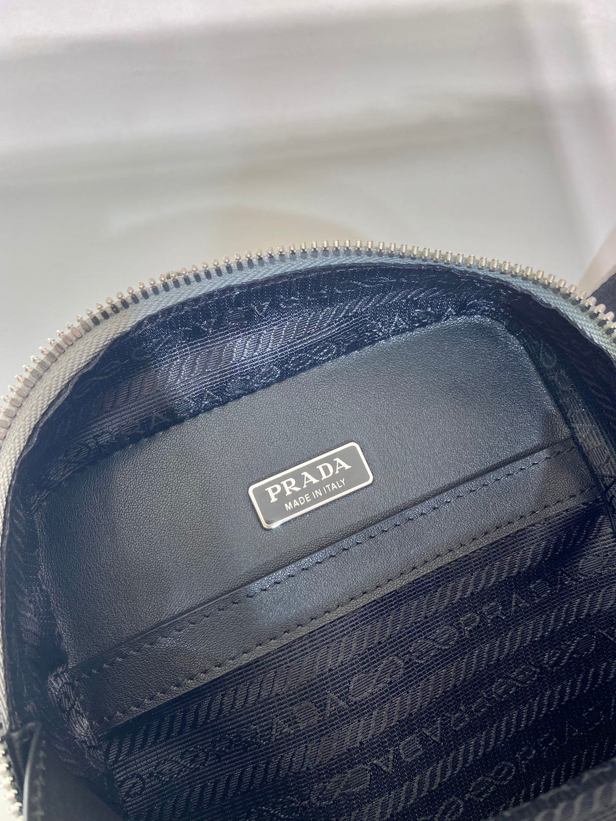 PRADA CHEST BAG 20 IN ECHO GRAY SAFFIANO LEATHER