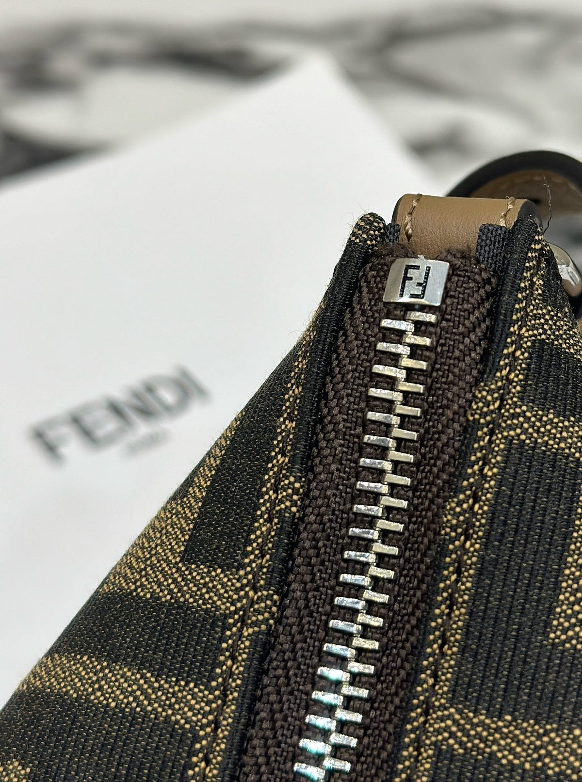 SHOULDER BAG 19 WITH FF MOTIF IN BROWN JACQUARD FABRIC