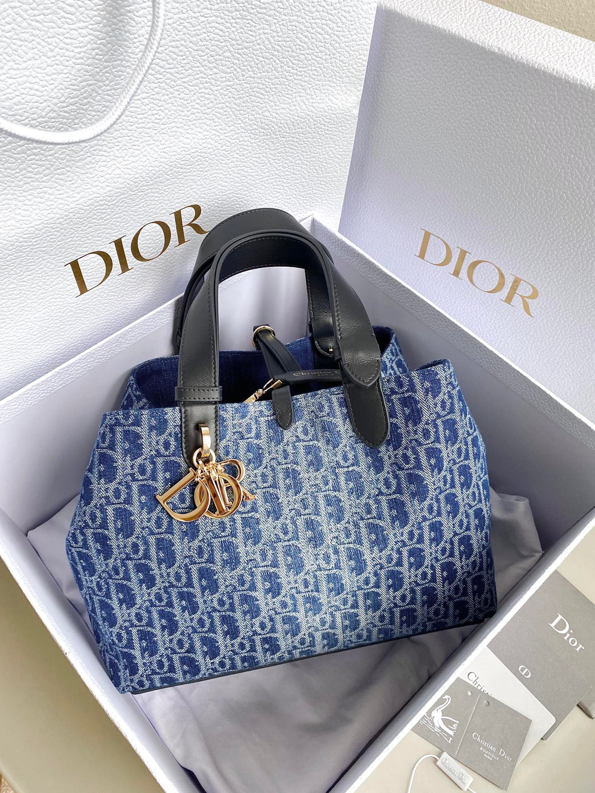DIOR MEDIUM TOUJOURS 28 BLUE DENIM OBLIQUE JACQUARD