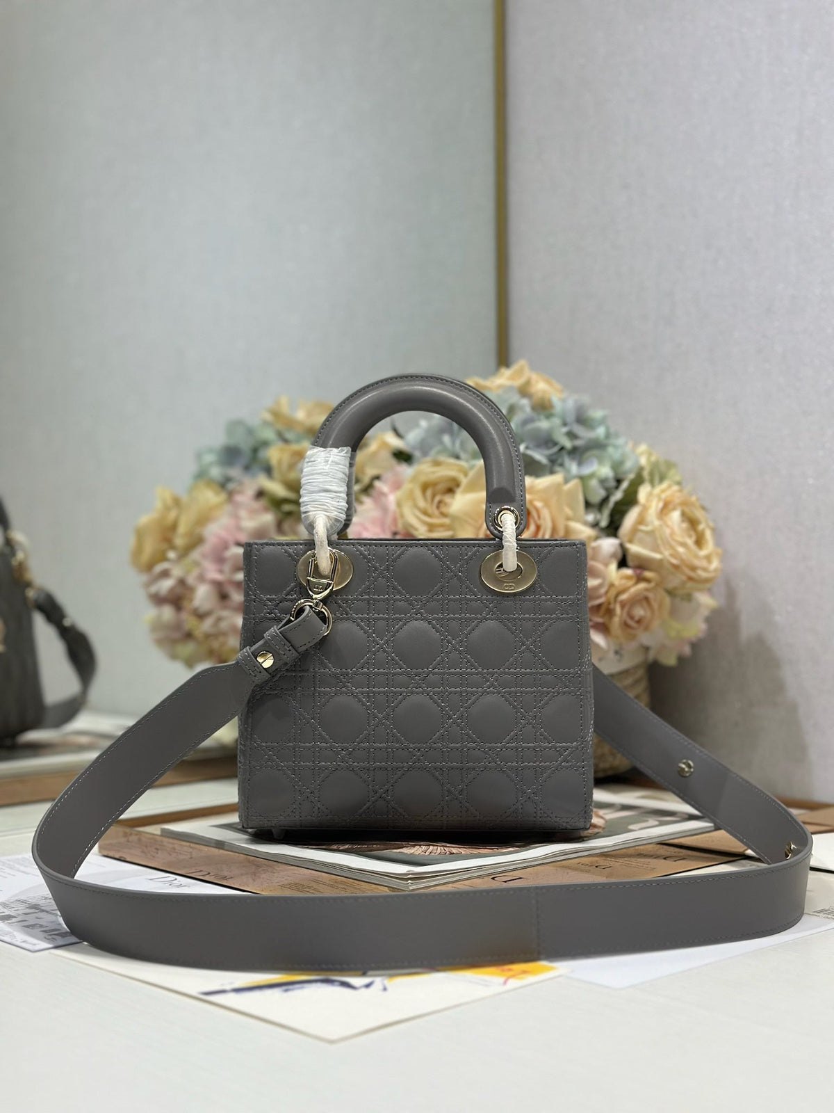 DIOR LADY SMALL BAG 20 IN GREY MACROCANNAGE LAMBSKIN GOLD HARDWARE