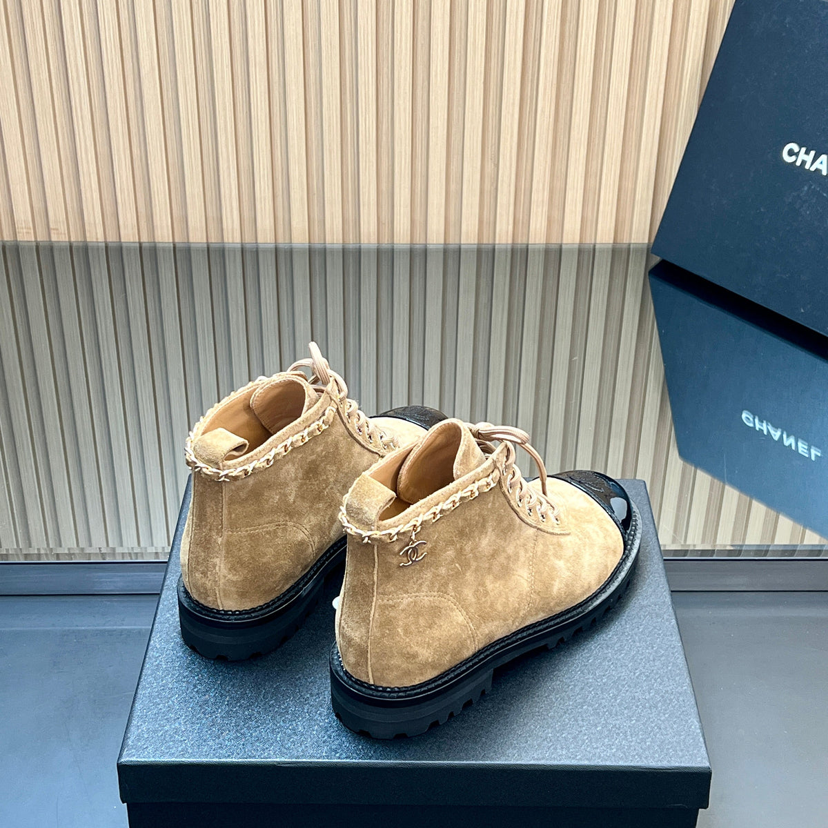 CHANEL 25S MARTIN LACE-UP BOOTS WITH CHAIN DETAIL IN LIGHT BROWN SUEDE