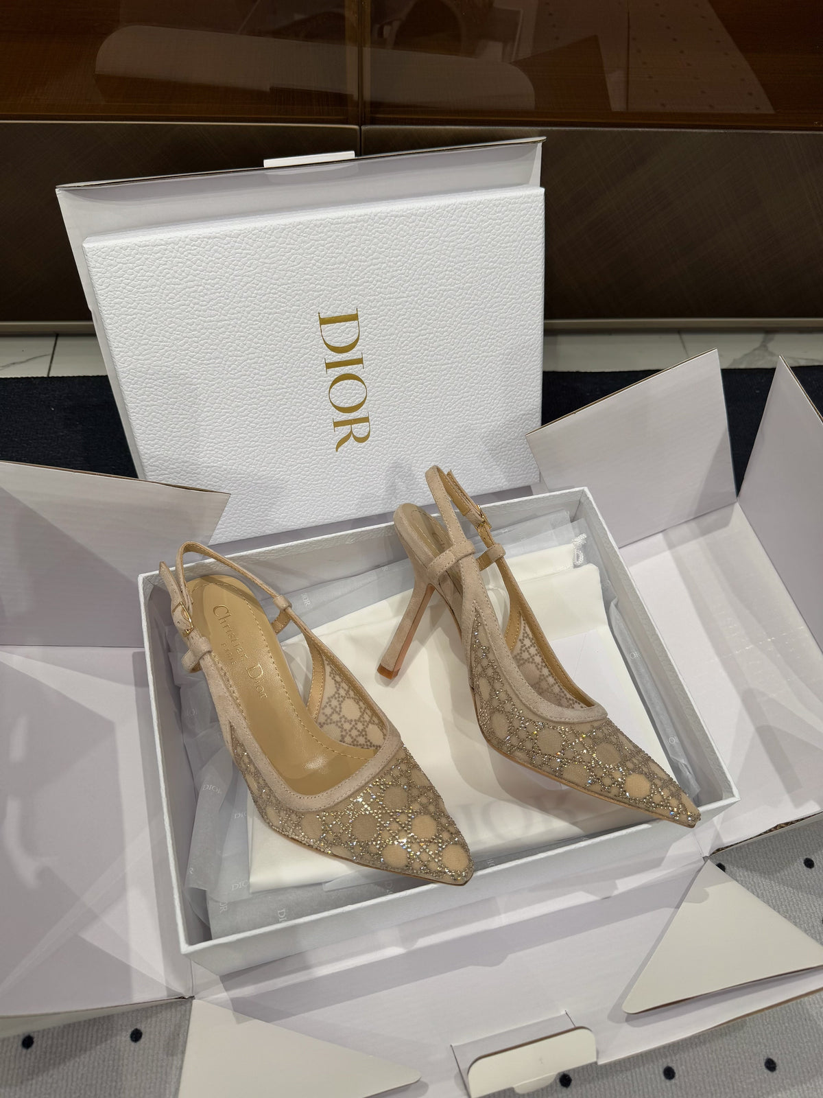 DIOR HIGH HEELS SLINGBACK IN CAMEL BEIGE LAMB SUEDE 10 CM