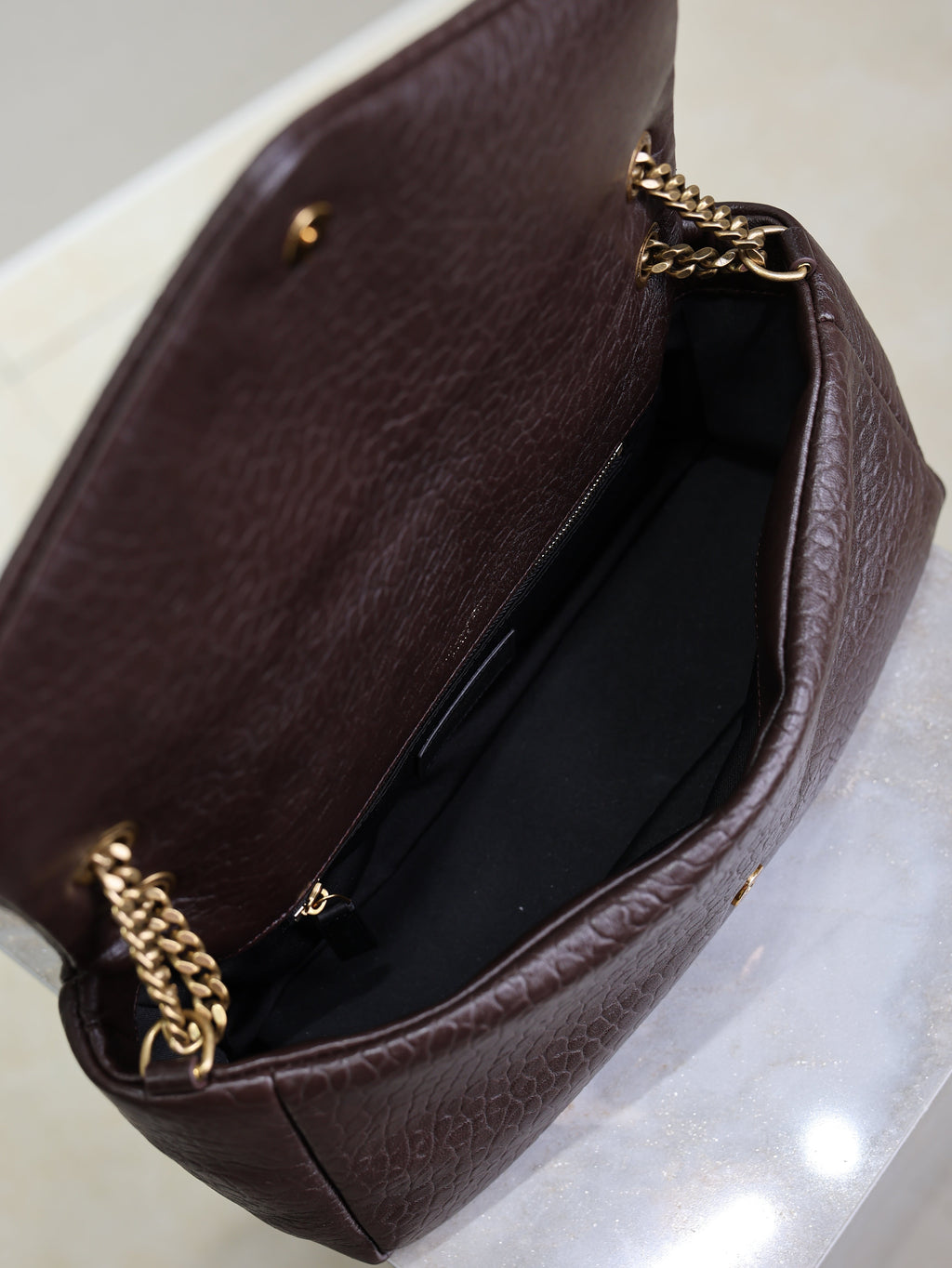 YSL 25S CALYPSO 30 IN DARK CHOCOLATE GRAINED CALFSKIN GOLD HARDWARE