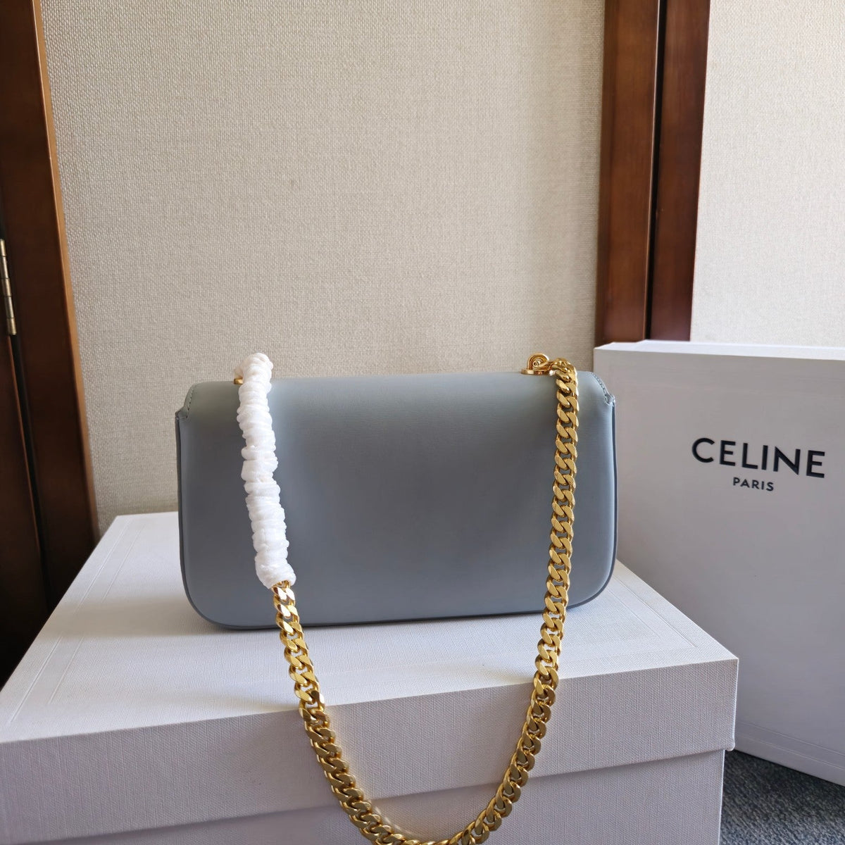 CELINE CHAIN EMBOSSED ARMPIT BAG 20 IN COOL GRAY BLUE CALFSKIN