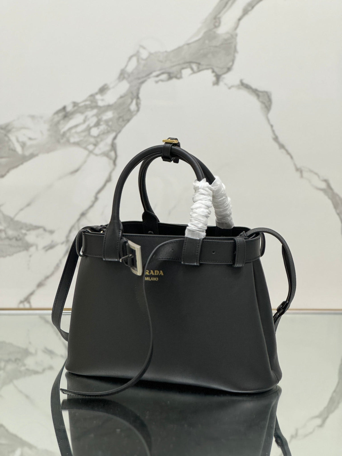 PRADA TOTE BAG WITH BELT 32 IN BLACK IMPORTED CALFSKIN