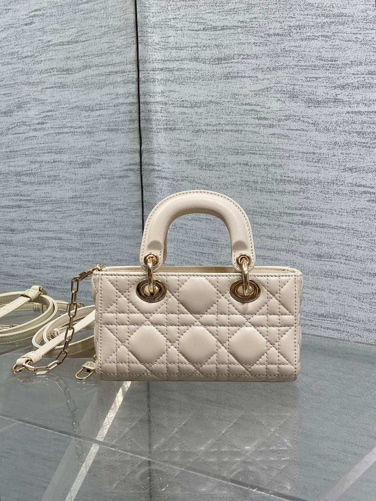 DIOR 25S MICRO LADY D-JOY 16 IN BEIGE LAMBSKIN GOLD HARDWARE