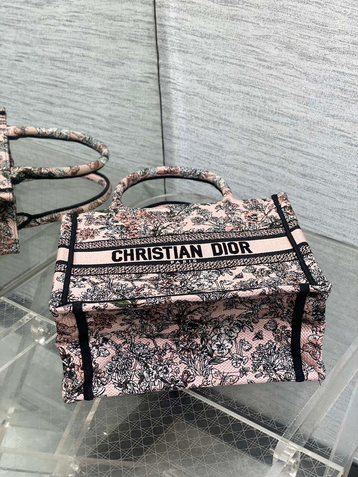 DIOR 25S LUCKY SMALL DIOR BOOK TOTE 26 IN PINK MULTICOLOR DIOR FLOWERS CALENDAR ALLOVER EMBROIDERY