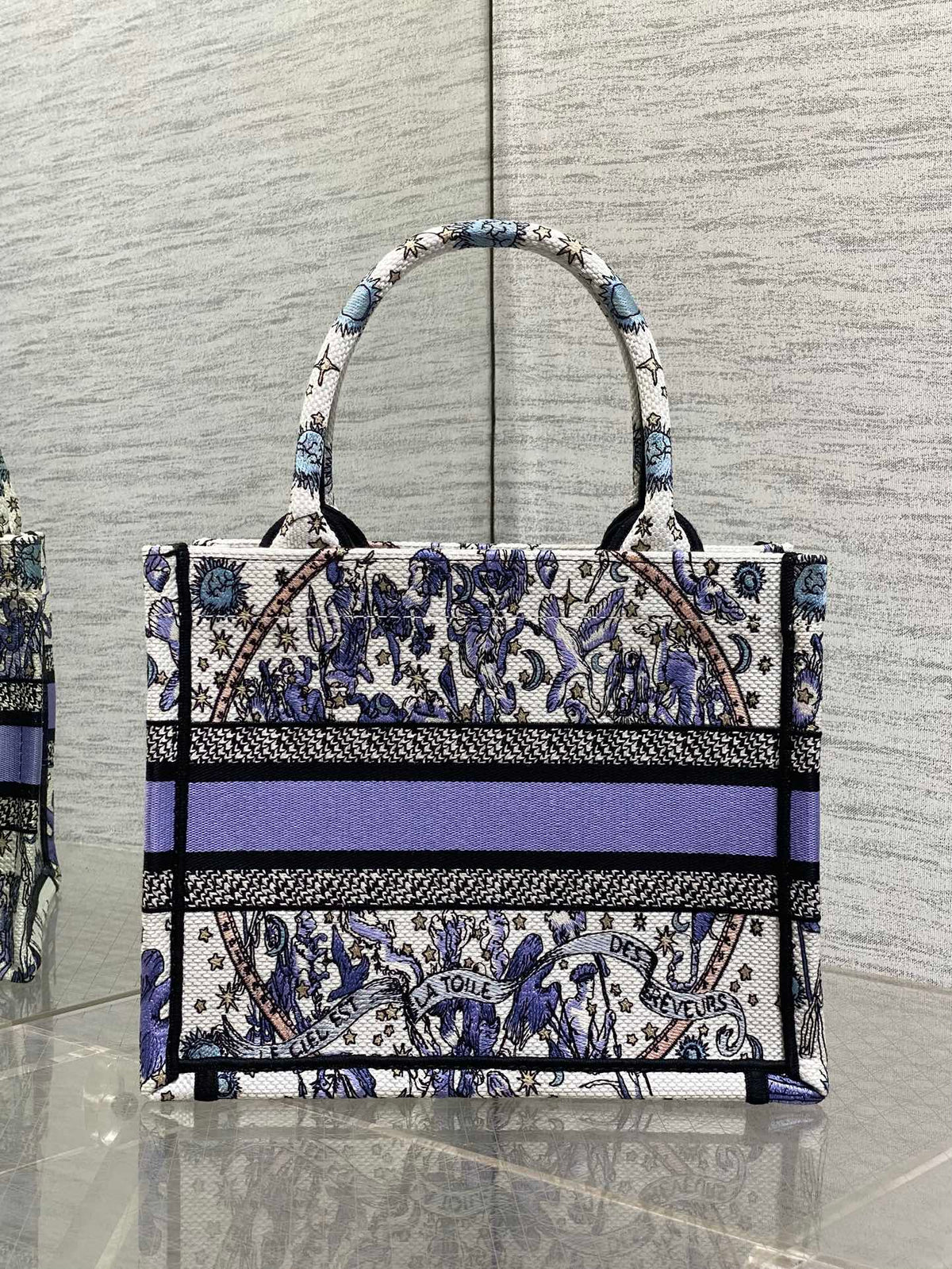 DIOR 25S SMALL BOOK TOTE 26 IN WHITE AND PURPLE DIOR NIGHT OF DREAMS EMBROIDERY