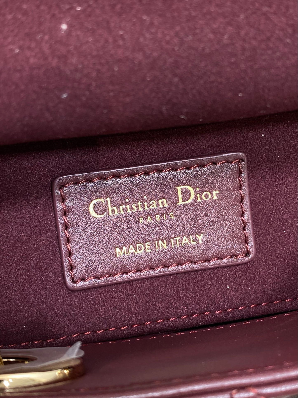 DIOR 25S SMALL LADY D‑JOY BAG 19 IN BURGUNDY CANNAGE CALFSKIN GOLD HARDWARE