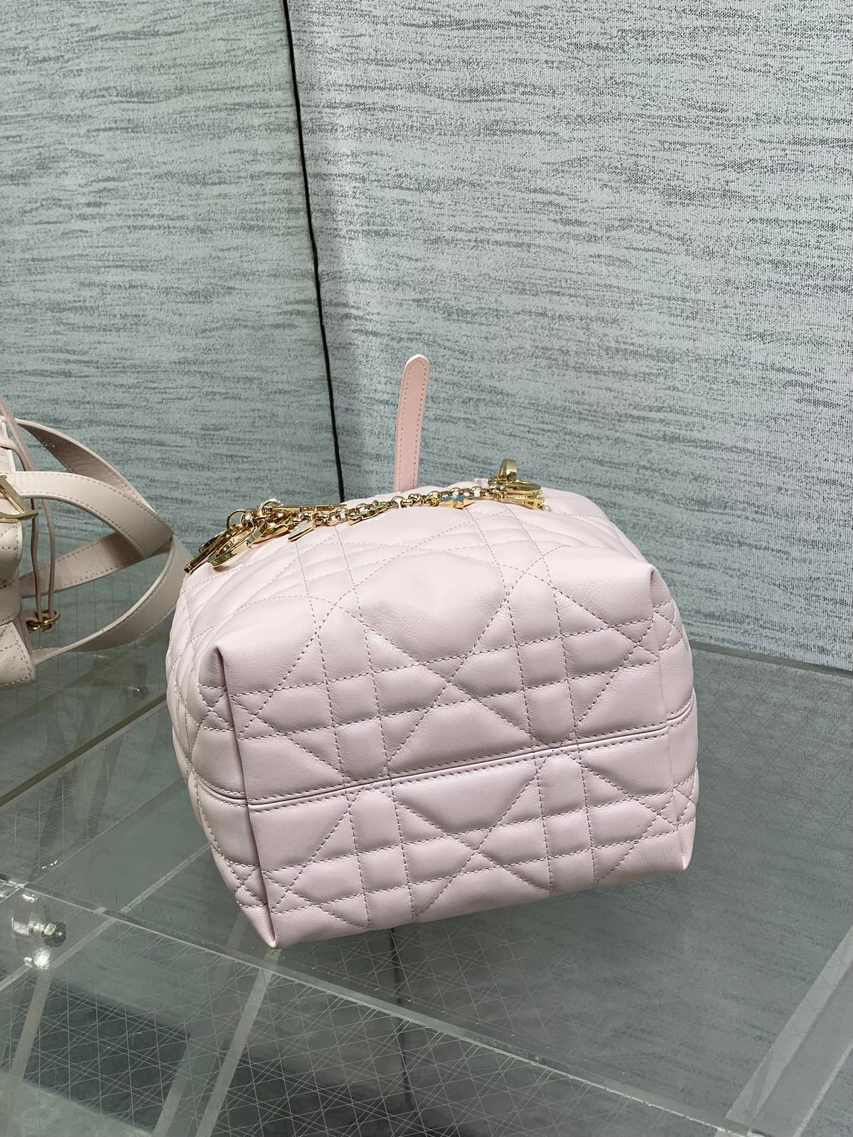 DIOR 25S TOUJOURS VERTICAL TOTE BAG 18 IN LIGHT PINK CALFSKIN WITH CHARM BRACELET STRAP