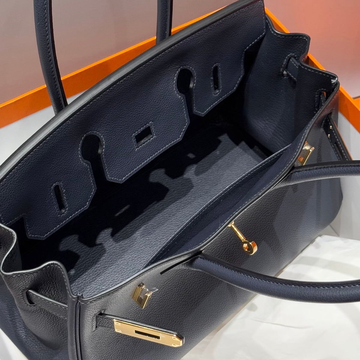 HERMES 25S SHOULDER BIRKIN 29 IN MIDNIGHT BLUE CALFSKIN GOLD HARDWARE