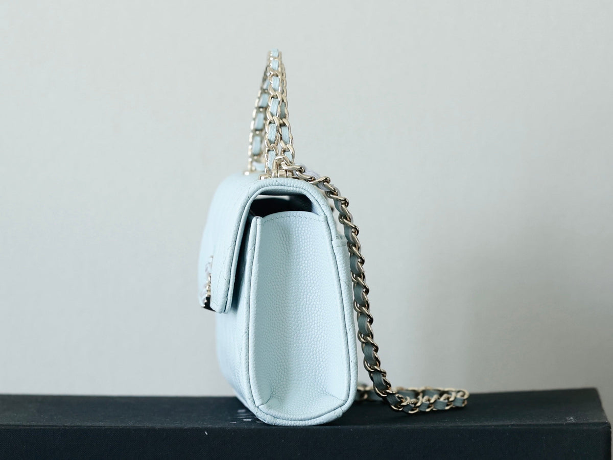 CHANEL 25S KELLY IN PASTEL BLUE LAMBSKIN WITH SILVER HARDWARE
