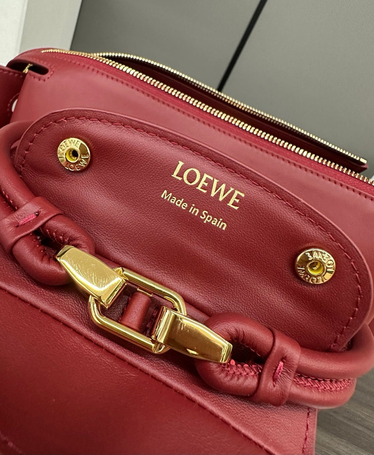 LOEWE 25S MEDIUM MADRID BAG 23 IN CHERRY RED CALFSKIN GOLD HARDWARE