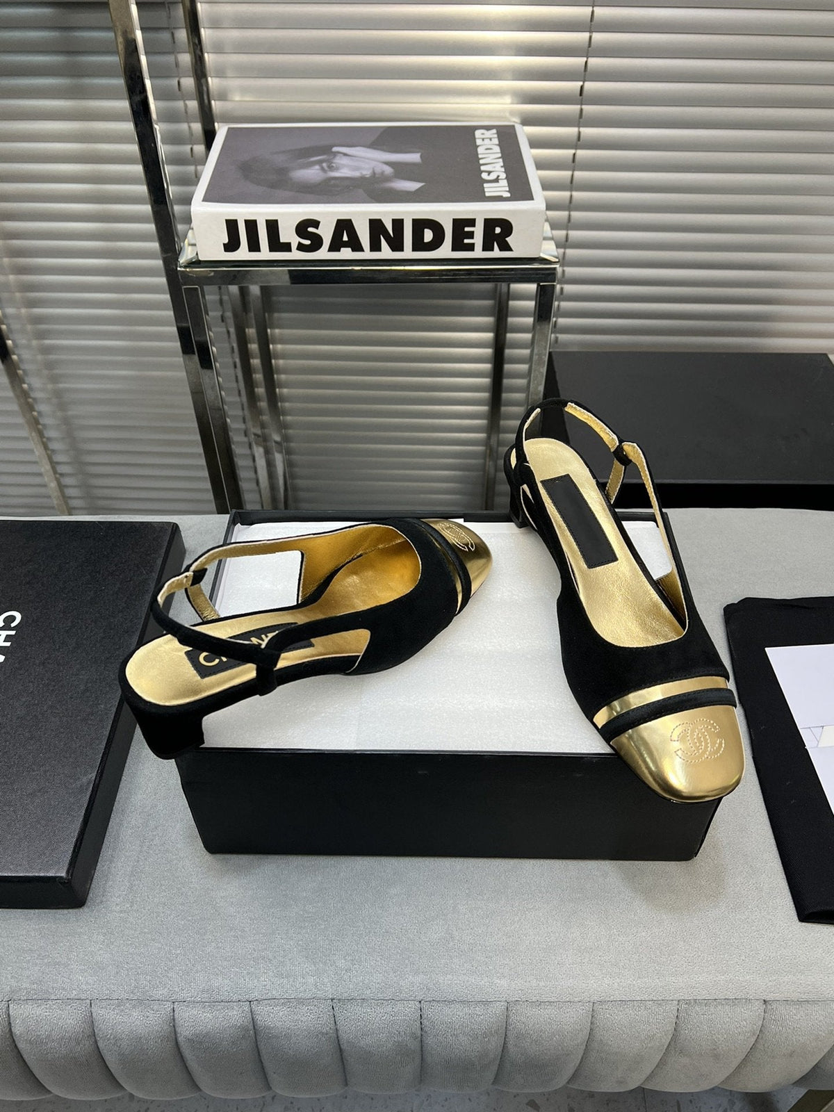 CHANEL slingback black suede gold metalic lambskin square toe 5.0