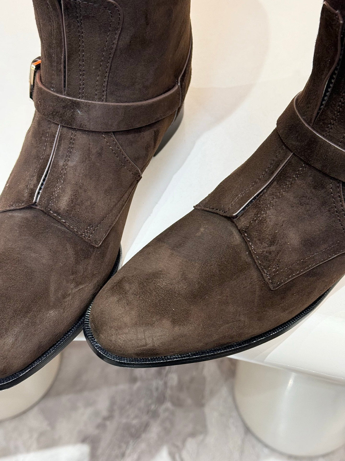 HERMES 25S RIDING BOOTS IN DARK COFFEE BROWN SUEDE WITH SILVER HARDWARE