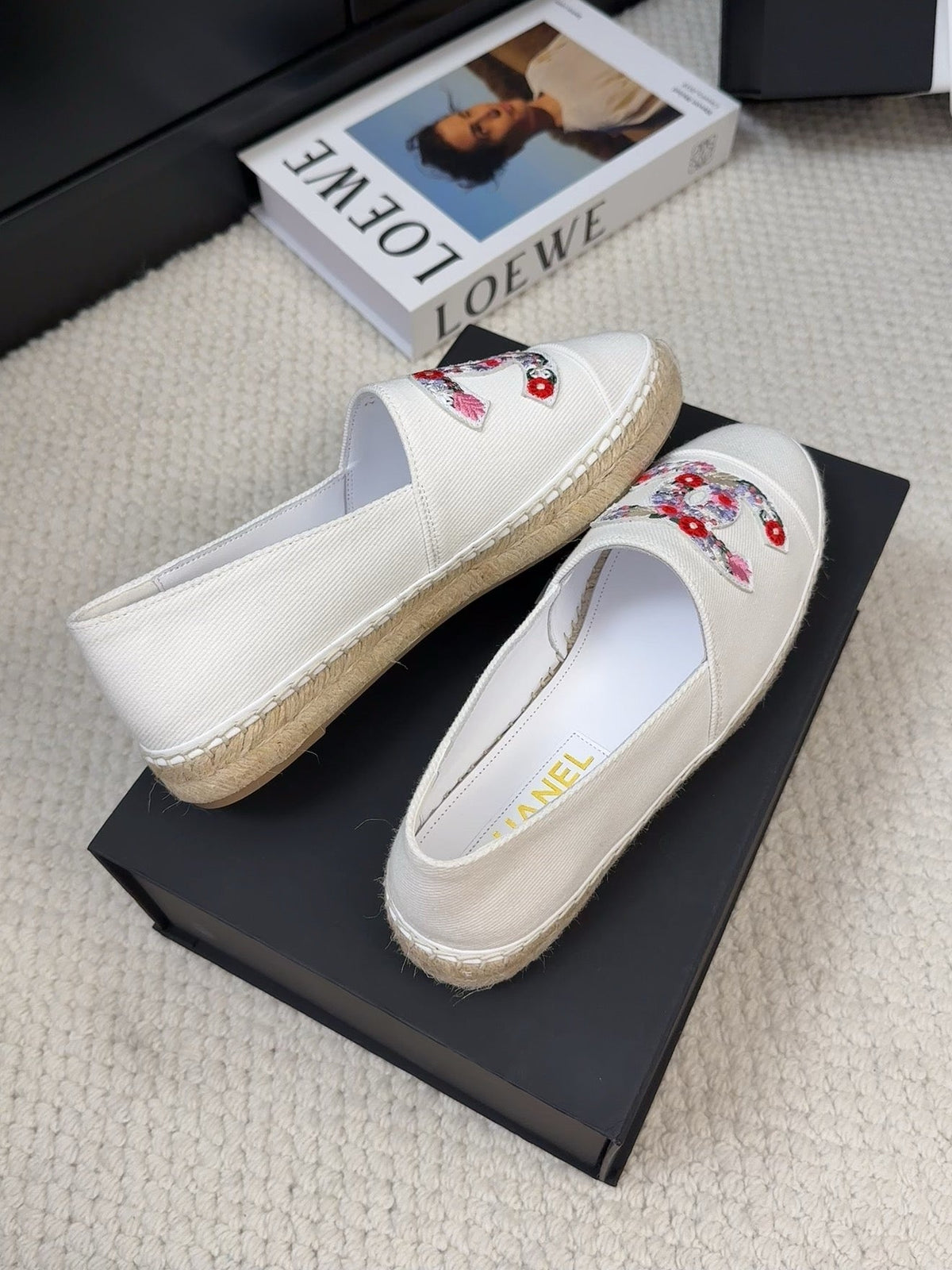 CHANEL LOAFER IN WHITE CANVAS WITH COLORFUL LOGO