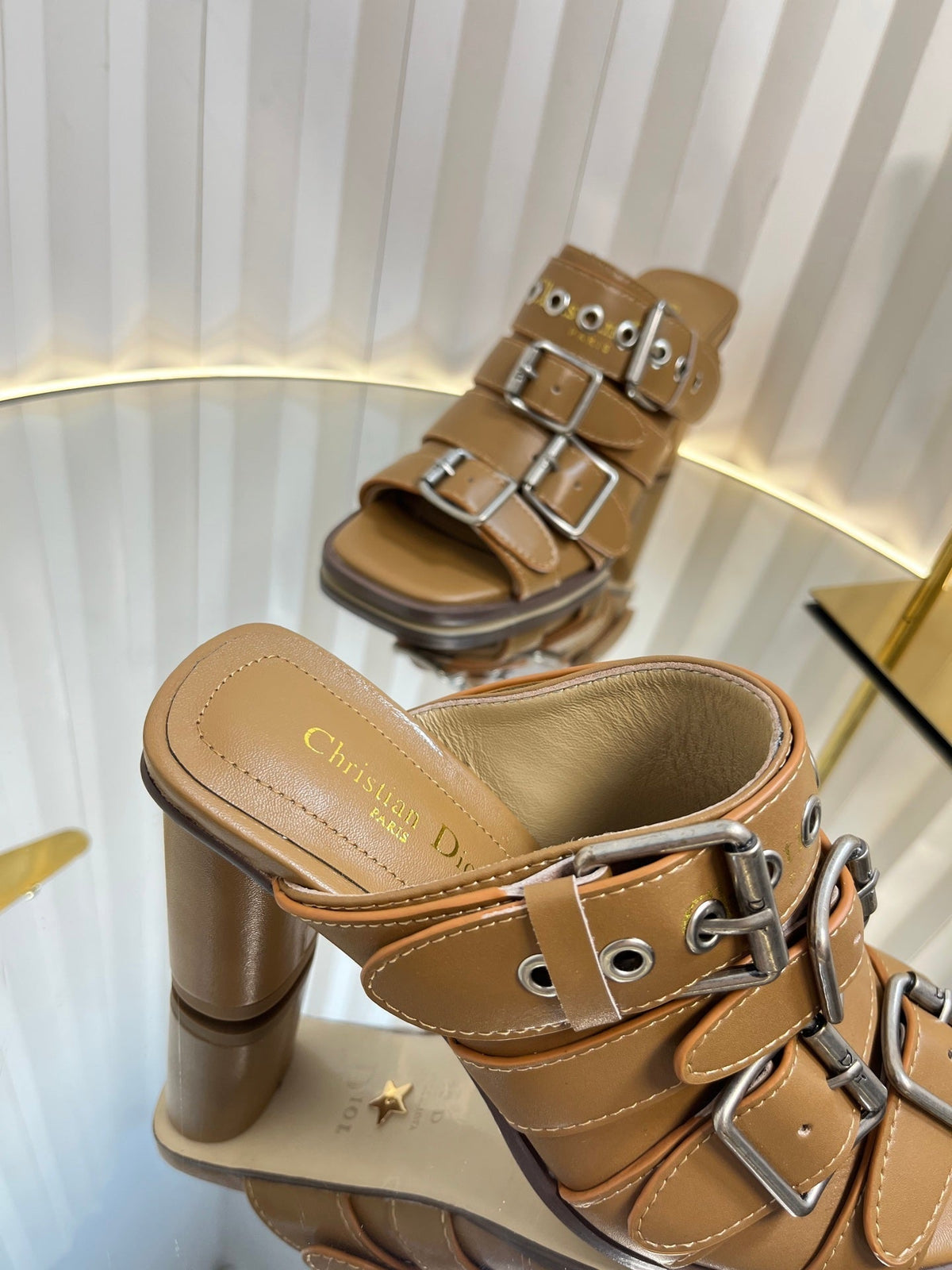 DIOR PUNK HEEL SLIDES 25S 80MM IN BROWN CALFSKIN