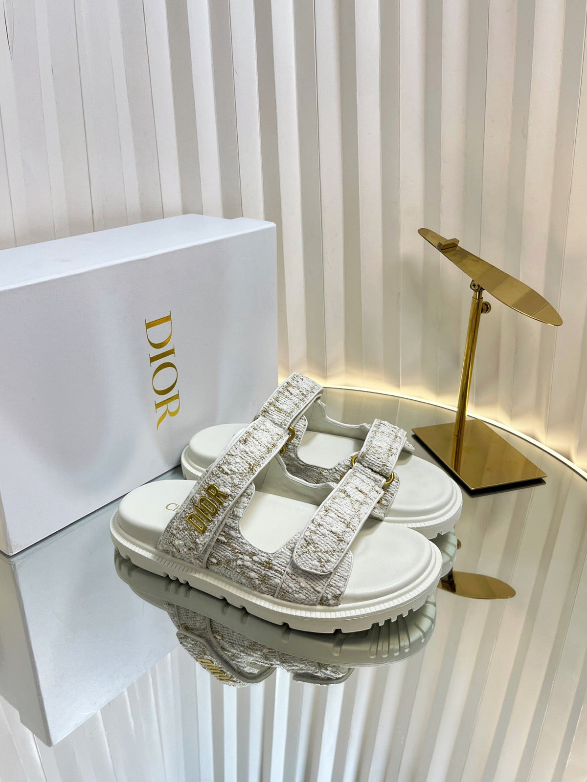 DIOR ACT SLIDES 25MM IN WHITE AND GOLD TWEED