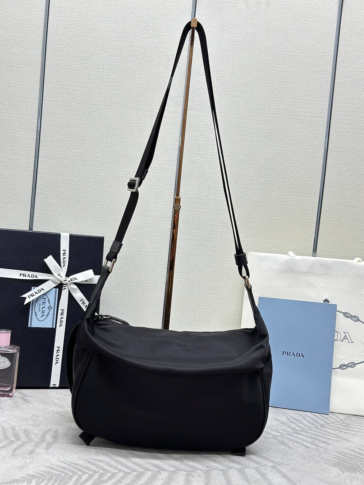 PRADA SHOULDER BAG 27 IN BLACK RE-NYLON TRIANGLE LOGO