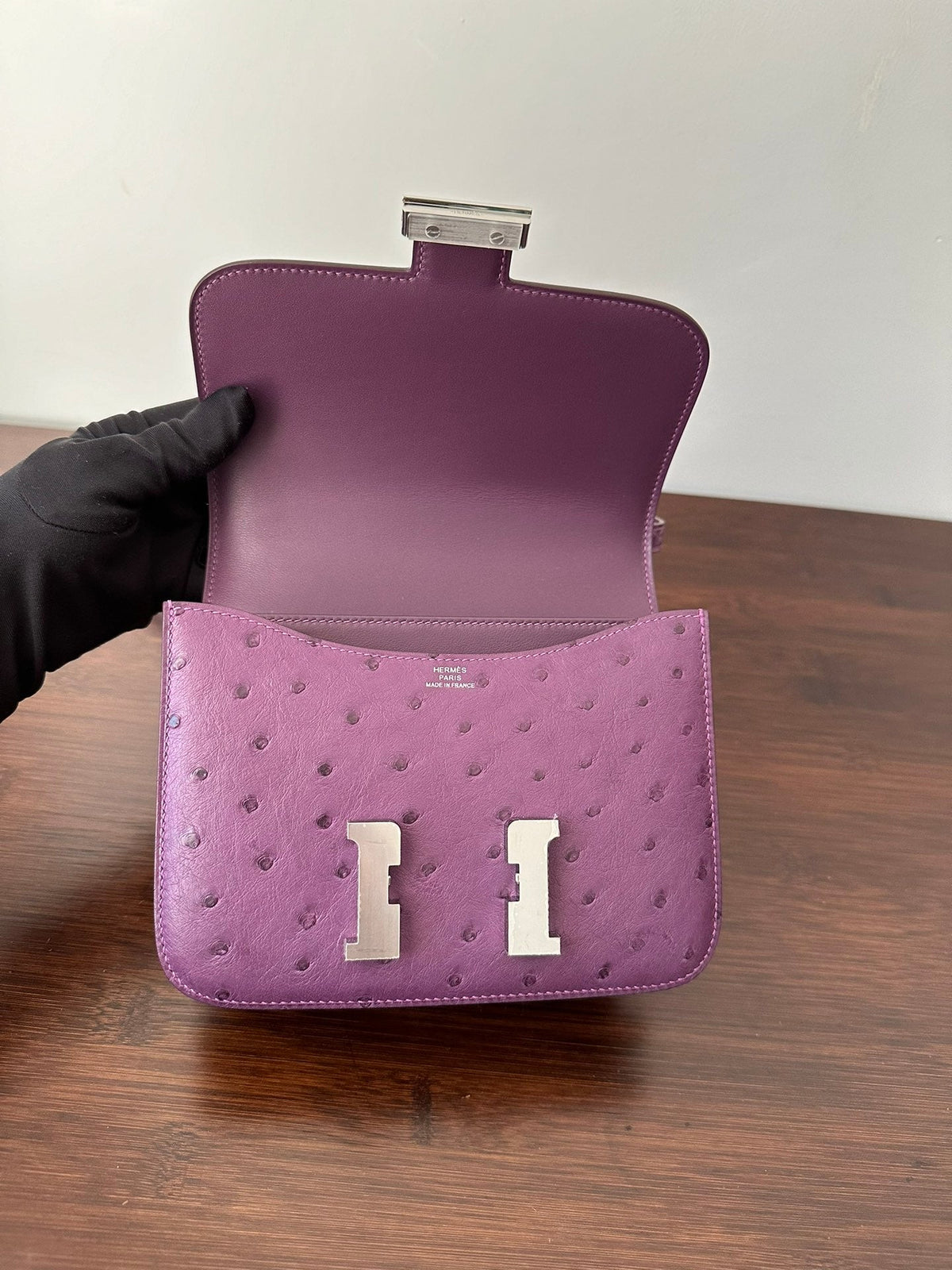 HERMES CONSTANCE 18 PURPLE OSTRICH SILVER HARDWARE