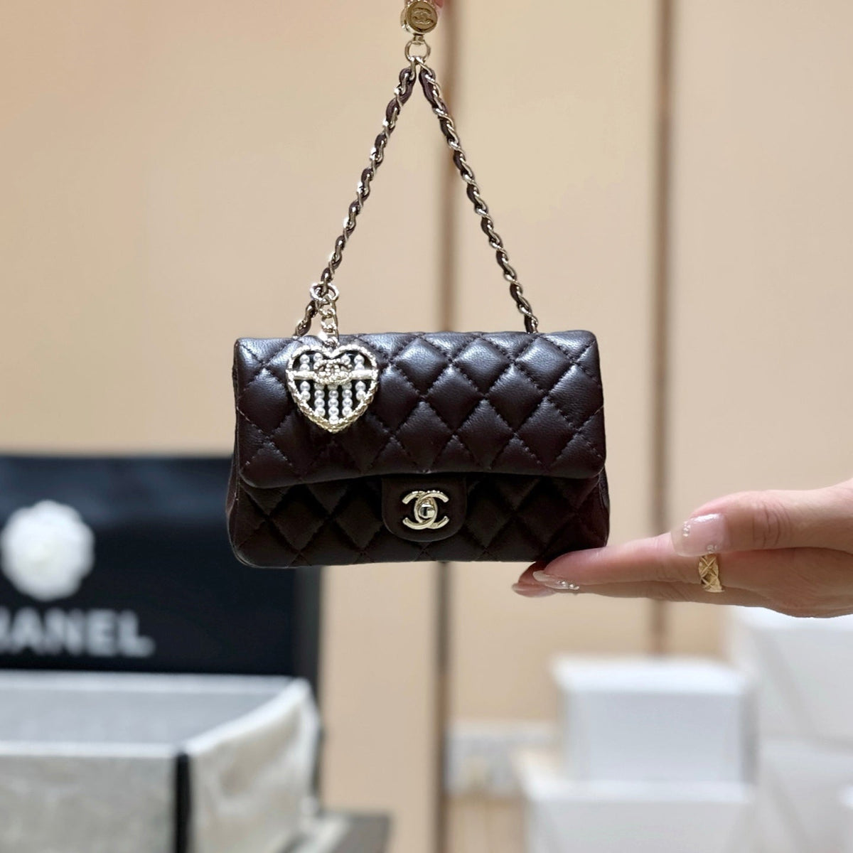 CHANEL 25S  MINI CF BAG 12 IN DARK BROWN LAMBSKIN HEART MODEL