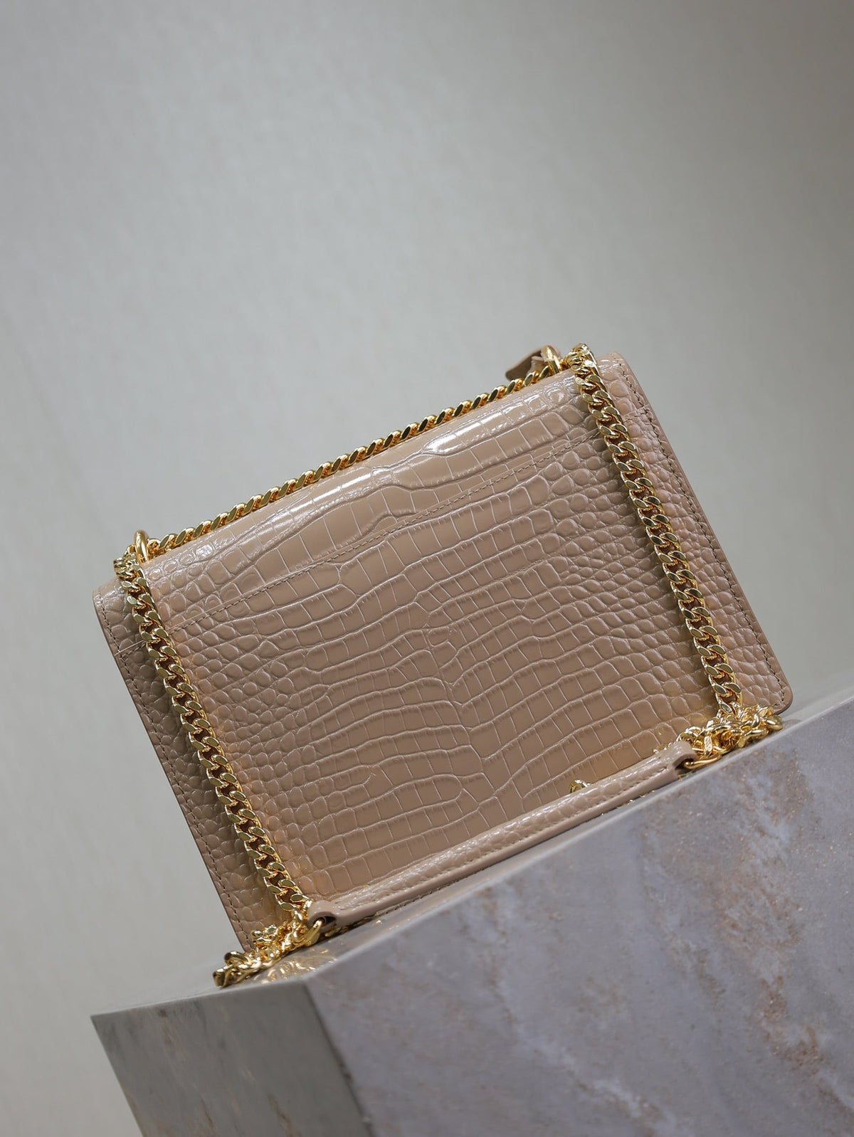 YSL 25S SUNSET MEDIUM 22 IN NUDE CROCODILE-EMBOSSED SHINY CALFSKIN GOLD HARDWARE