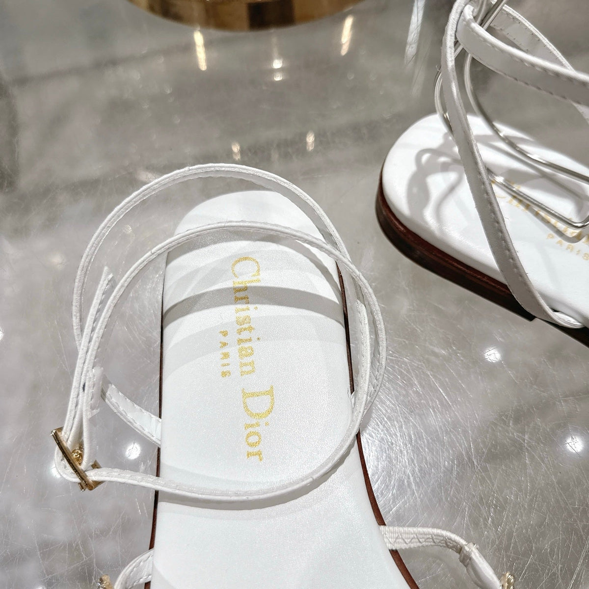 DIOR FLAT SANDALS 25S IN WHITE CALFSKIN RHINESTONES STRAP
